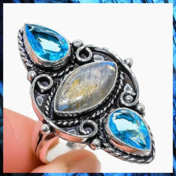 Blue Topaz & Labradorite Gemstone Handmade Shield Armor Ring - Picture 5 of 9
